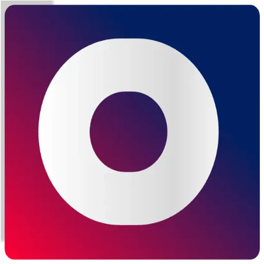 A square logo with company initial "O" in white text on a red background fading into royal blue
